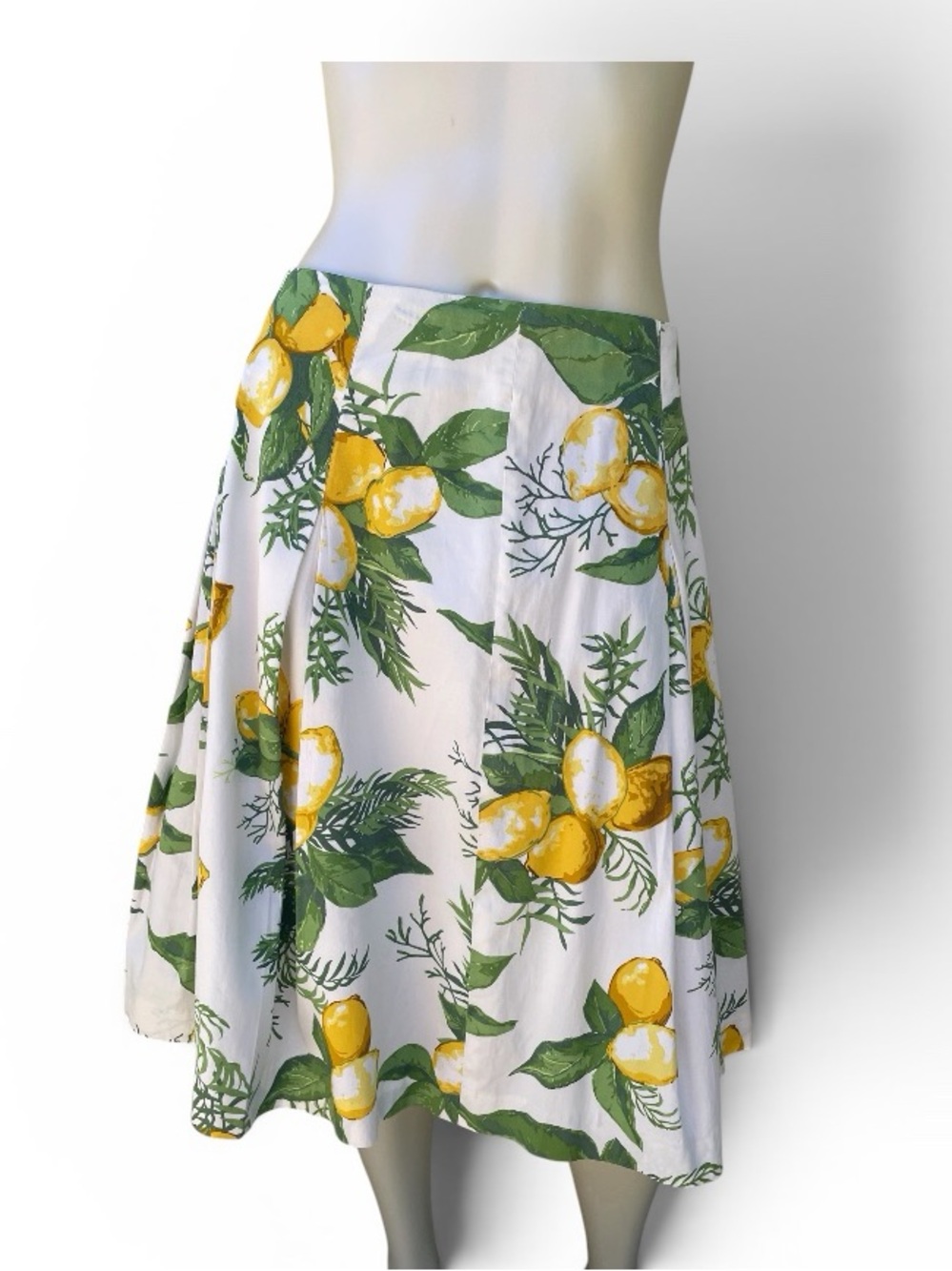 Talbots Lemon Print A-Line Cotton Blend Skirt White Yellow Green Pleated Size 8